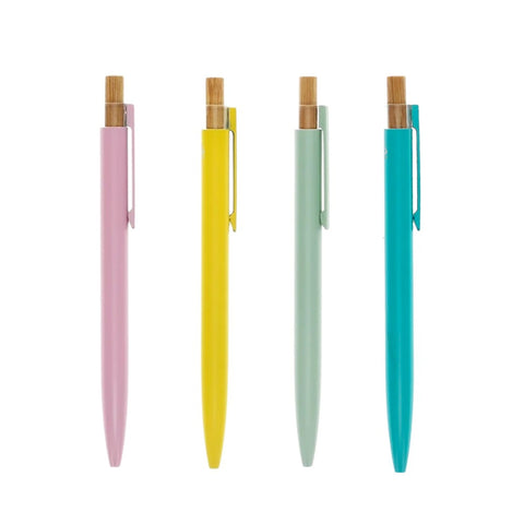 Four colorful pens (pink, yellow, green, blue) with wooden accents on a white background
