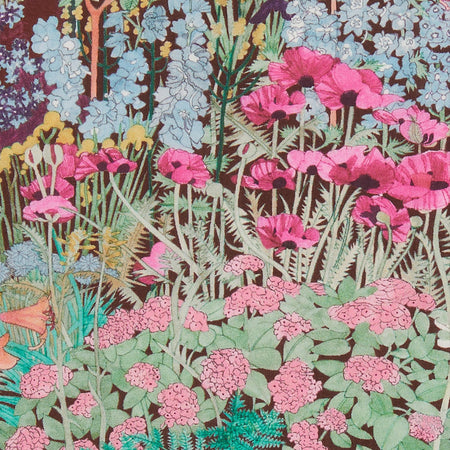 A close-up of a floral fabric pattern featuring pink poppies, green ferns, and blue flowers on a dark background.