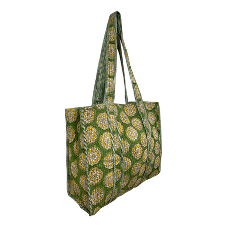 Tote Bag Large Revisable Block Printed Moss Green