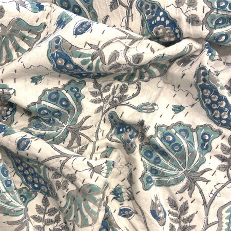 Throw Kantha Block Print Blue Flower
