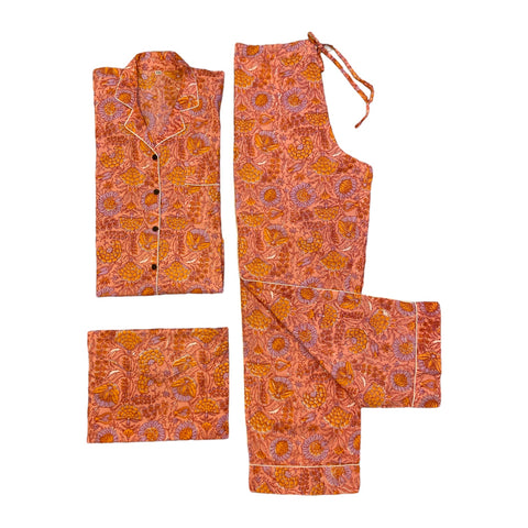Pyjama Set Cotton Floral Block Print Apricot