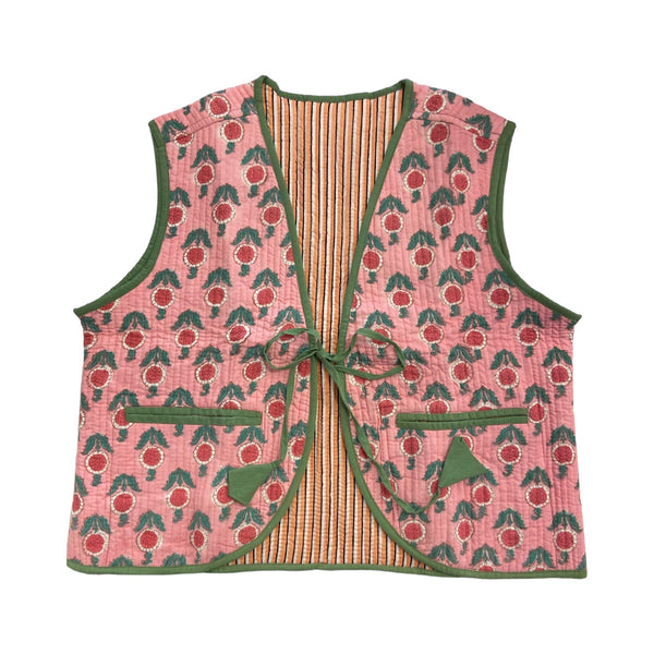 Waistcoat Cotton Quilted Block Print Pink Floral