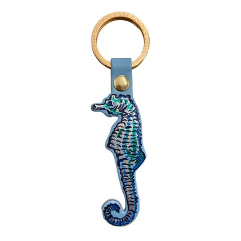 Key Fob Leather Foil Embossed Seahorse Turquoise