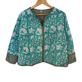 Jacket Quilted Reversable Cotton Kantha Block Printed Blue Floral