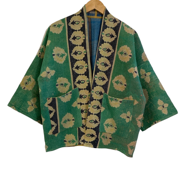 Jacket Reversable Kantha Vintage Fabric Green Floral