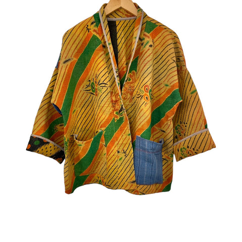 Jacket Cotton Kantha Reversible Yellow Flower