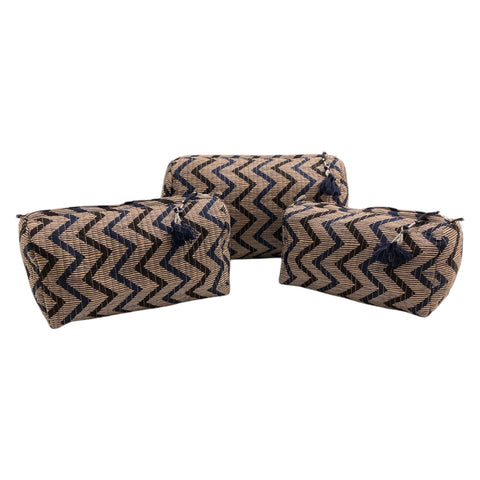 Cosmetic Pouches Quilted Cotton Set Of 3 Blue Zig Zag