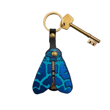 Key Fob Leather Foil Embossed Moth Turquoise Green