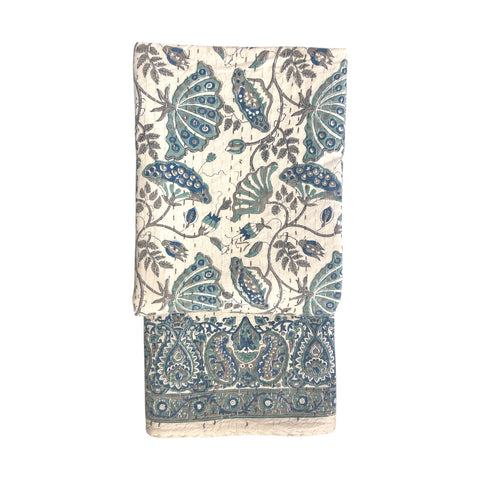 Throw Kantha Block Print Blue Flower