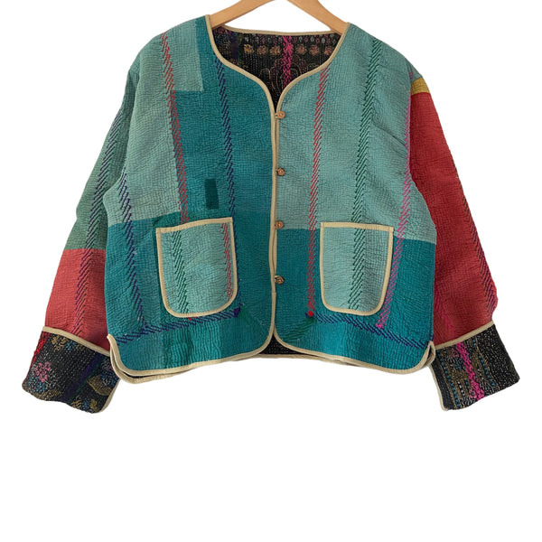 Jacket Reversable Vintage Kantha Cotton Blue Red Block