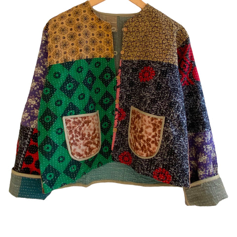 Jacket Reversable Vintage Kantha Cotton Winter Weight Green Diamond