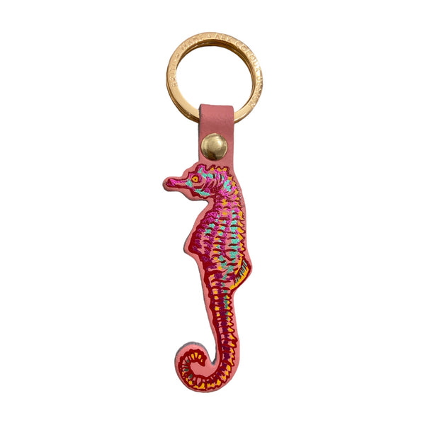 Key Fob Leather Foil Embossed Seahorse Pink