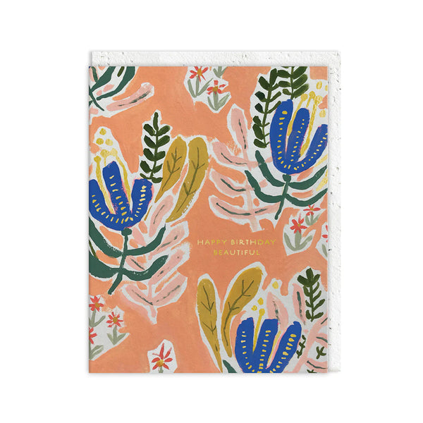 Floral patterned card with 'Happy Birthday Beautiful' text on a white background