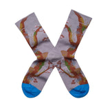 Pair of socks with a colorful pattern on a white background