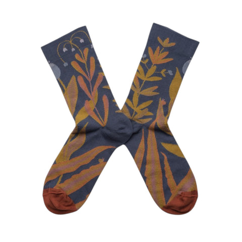 Pair of socks with a floral pattern on a white background