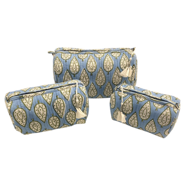 Cosmetic Pouches Quilted Cotton Set Of 3 Blue Paisley