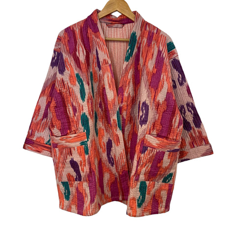 Jacket Pure Cotton Quilted Reversable Ikat Pink Jade