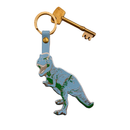 Key Fob Leather Foil Embossed T-Rex Turquoise