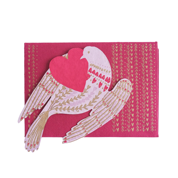 Card with doves holding a heart on a pink background