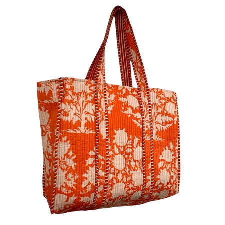 Tote Bag Large Block Printed Burnt Orange Floral