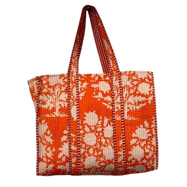 Tote Bag Large Block Printed Burnt Orange Floral