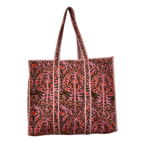 Tote Bag Large Block Printed Rose Pink Vine