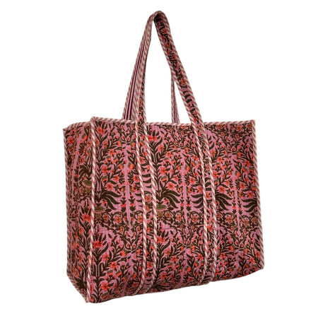 Tote Bag Large Block Printed Rose Pink Vine