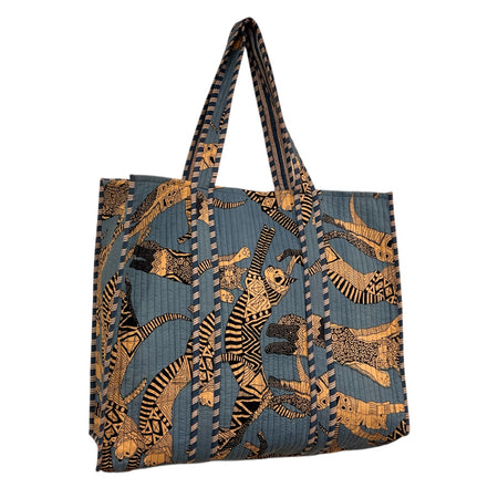 Tote Bag Large Block Printed Blue Cat