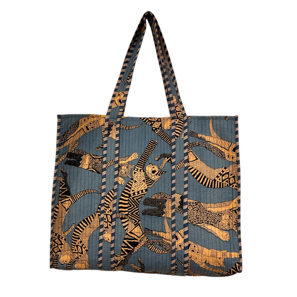 Tote Bag Large Block Printed Blue Cat