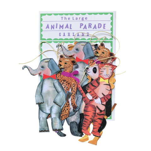 Decorative garland with animal figures including an elephant, leopard, and tiger on a white background.