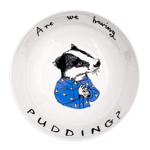 White bowl with a badger illustration and text 'Are we having pudding?' on a white background
