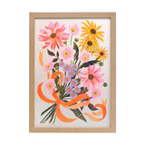 Framed artwork with colorful floral design on a white background