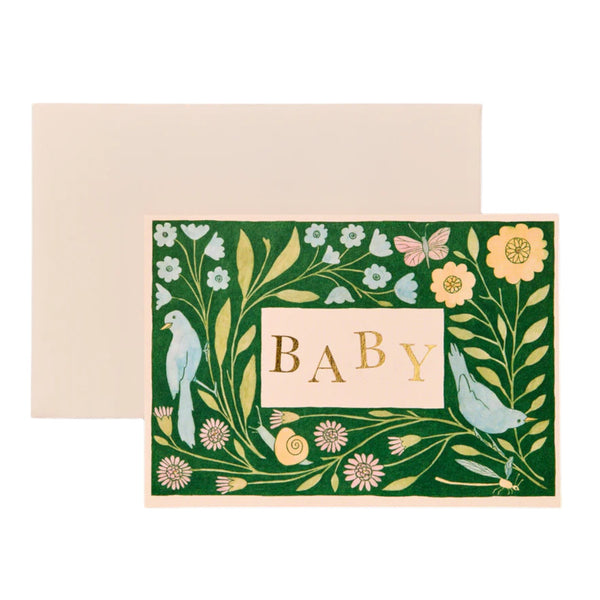 Baby shower card with floral and bird design on a green background