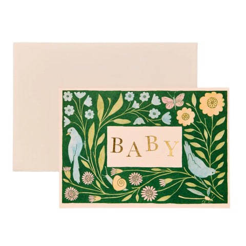Baby shower card with floral and bird design on a green background