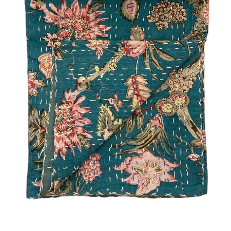 Throw Kantha Cotton Block Print Teal Blue Vine