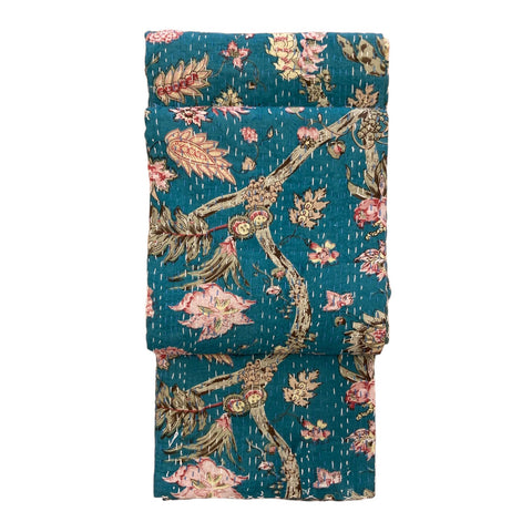 Throw Kantha Cotton Block Print Teal Blue Vine