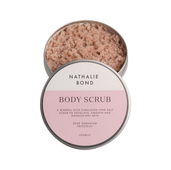 Body Scrub In Tin Bloom Rose Geranium And Patchouli