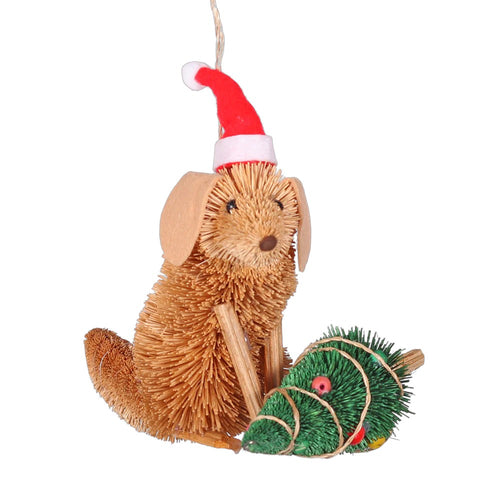 Decorative dog ornament with a Santa hat and small tree on a white background