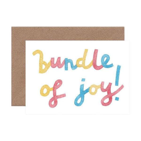 Greeting card with 'Bundle of Joy' text in colorful letters on a white background