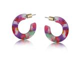 Hoop Earrings Flat Oval Small Resin Purple Pink