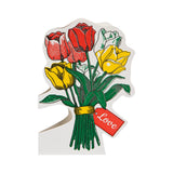 Card with red and yellow tulips and a 'Love' tag on a white background