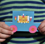 Birthday Card Die Cut Party Cat Little Blue Car