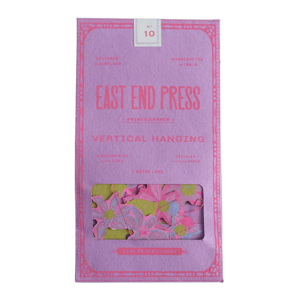 Packaging of East End Press vertical hanging garland with a floral clematis design.