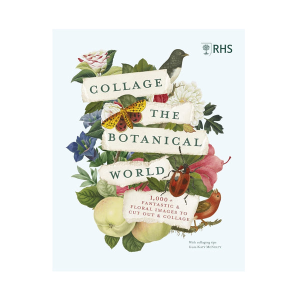 Book cover of 'Collage the Botanical World' with illustrations of flowers, leaves, and insects on a light blue background.