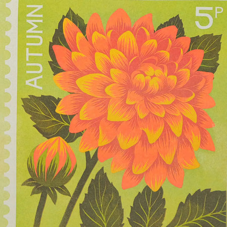 A vintage-style postage stamp design featuring a large orange and yellow flower with dark green leaves on a light green background, with the word AUTUMN and a 5p postmark visible.