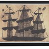 A black matchbox with a vintage-style illustration of a three-masted sailing ship on the lid, shown open to reveal black matches with white tips inside.