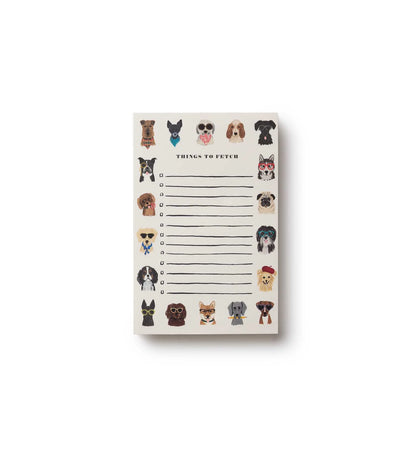 Notepad with dog illustrations and text on a white background