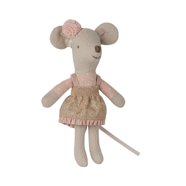 A handmade mouse doll with beige fabric, wearing a pink and gold dress with a pink fabric flower on its head, set against a plain white background.