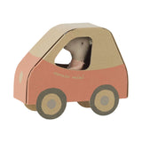 A Maileg Mouse Mini toy car made from cardboard, featuring a dusty pink lower half, a natural brown upper half, and circular wheels in brown and gray. The name 'mouse mini' is printed on the side.