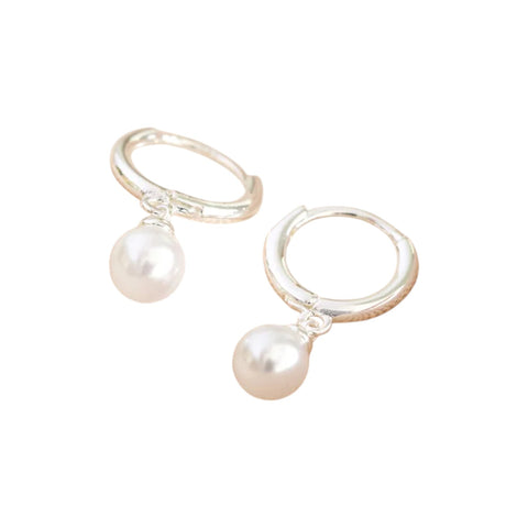 Glass Pearl Huggie Hoop Earrings Silver
